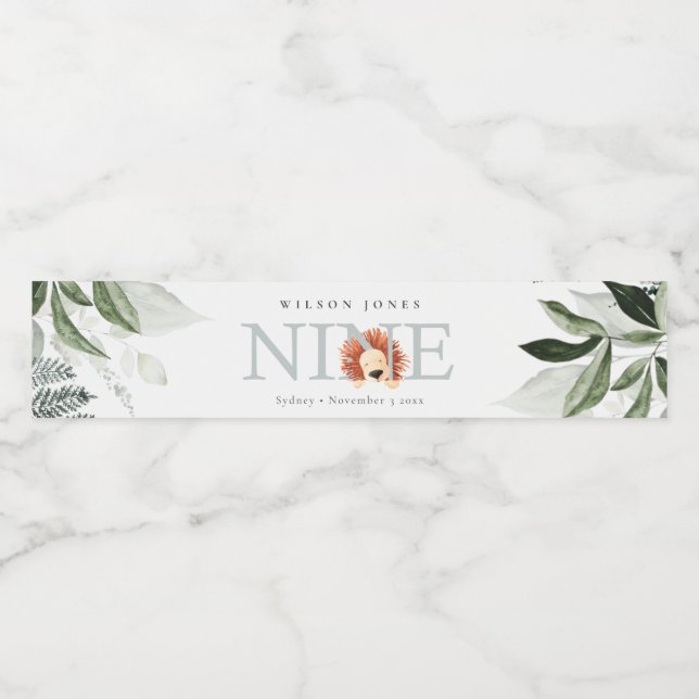 Cute Dusky Blue Lejon Foliage 9:e födelsedagen Vattenflaska Etikett (Singel etikett)