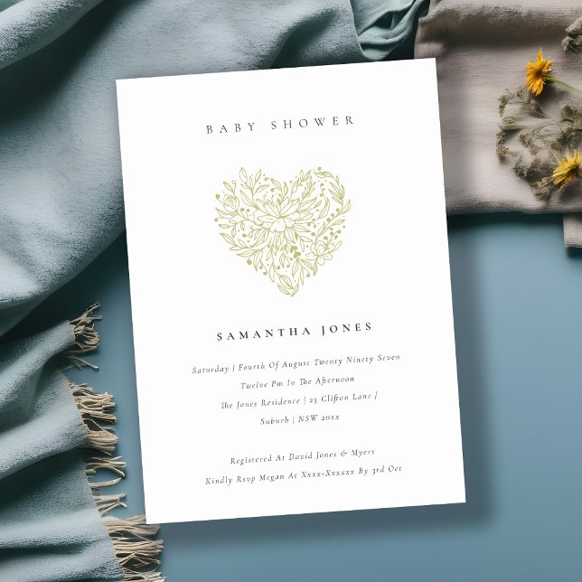 Cute Dusky Grönt Blommigt Heart Baby Shower Inbjud Tack Kort (Skapare uppladdad)