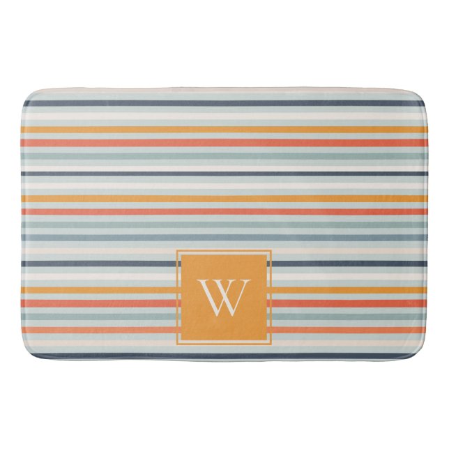 Cute Dusky Orange Blue Stripe Mönster Monogram Badrumsmatta (Framsidan)