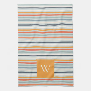 Cute Dusky Orange Blue Stripe Mönster Monogram Kökshandduk