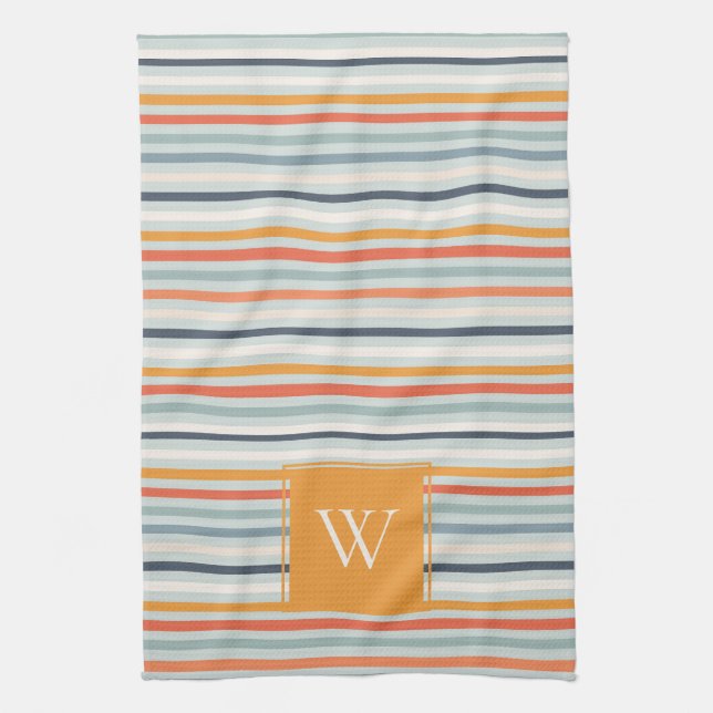Cute Dusky Orange Blue Stripe Mönster Monogram Kökshandduk (Vertikal)