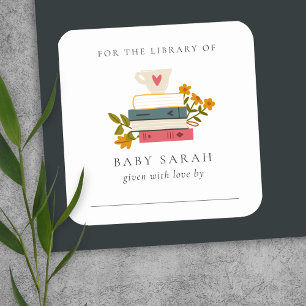Cute Dusky Stacks Storybooks Blommigt Baby Bibliot Fyrkantigt Klistermärke