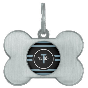 Cute Dusty Blue Black Rand Monogram Hund ID-bricka Husdjur