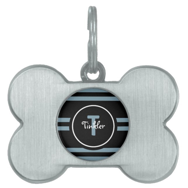 Cute Dusty Blue Black Rand Monogram Hund ID-bricka Husdjur (Framsidan)