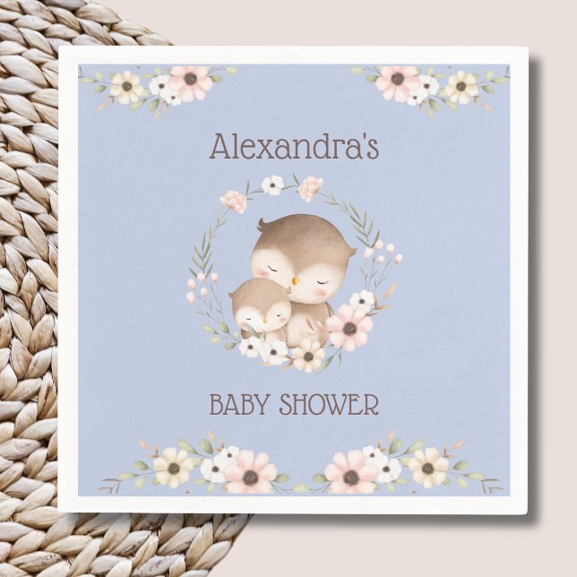 Cute Dusty Blue Blommigt Woodland Uggla Baby Showe Pappersservett (Skapare uppladdad)