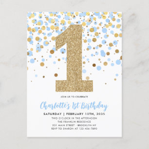 Cute Dusty Blue Guld Glitter Confetti 1:a födelsed Vykort