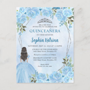 Cute Dusty Blue Silver Blommigt Princess Quinceañe Vykort