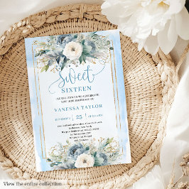 Cute Dusty Blue White Peonies Sweet 16-inbjudan Inbjudningar