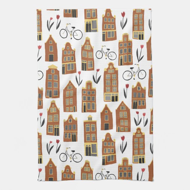 Cute Dutch Houses Amsterdam City Mönster Kökshandduk (Vertikal)