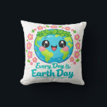 Cute Earth Day Throw Pillow Kudde<br><div class="desc">Add a cheerful eco-friendly touch to your home with this cute Earth Day throw pillow featuring a happy kawaii Earth with big smiling eyes, a green leaf crown, and pink flowers, along with the uplifting message “Every Day is Earth Day.” This bright and playful cushion is perfect for sofas, beds,...</div>