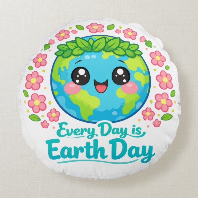Cute Earth Day Throw Pillow Rund Kudde (Framsidan)