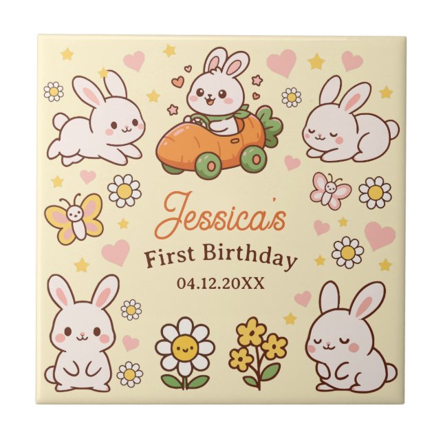 Cute Easter Bunnies Whimsical 1st Birthday Kakelplatta (Framsidan)