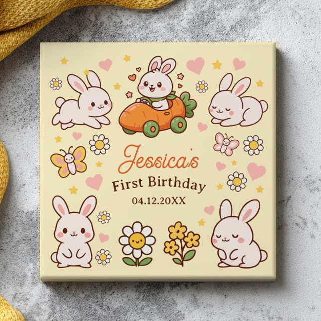 Cute Easter Bunnies Whimsical 1st Birthday Kakelplatta (Skapare uppladdad)