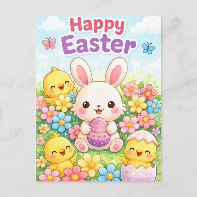 Cute Easter Bunny & Chicks | Happy Easter Helg Vykort (Framsida)