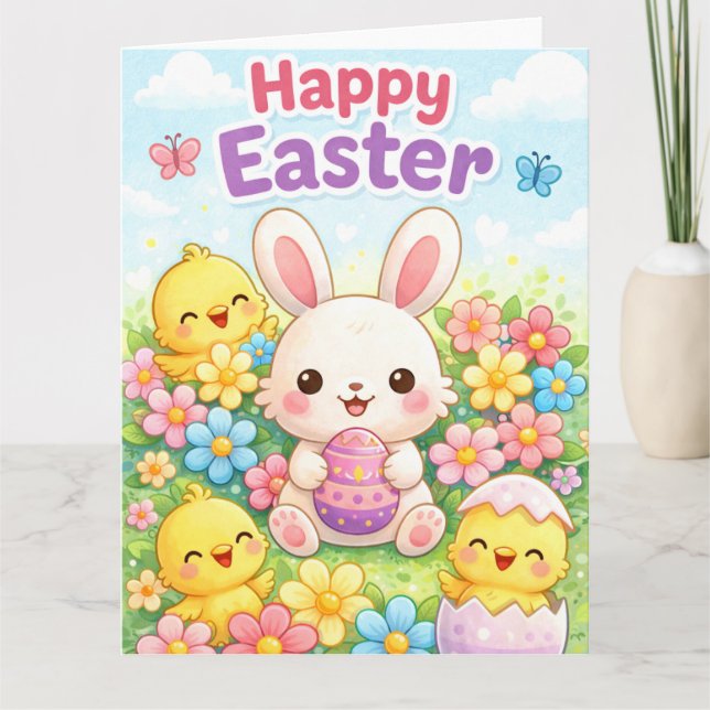 Cute Easter Bunny & Chicks | Happy Easter Kort (Framsida)