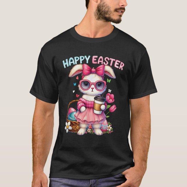 Cute Easter Bunny Drinking Ice coffee Easter Bow W T Shirt (Framsida)