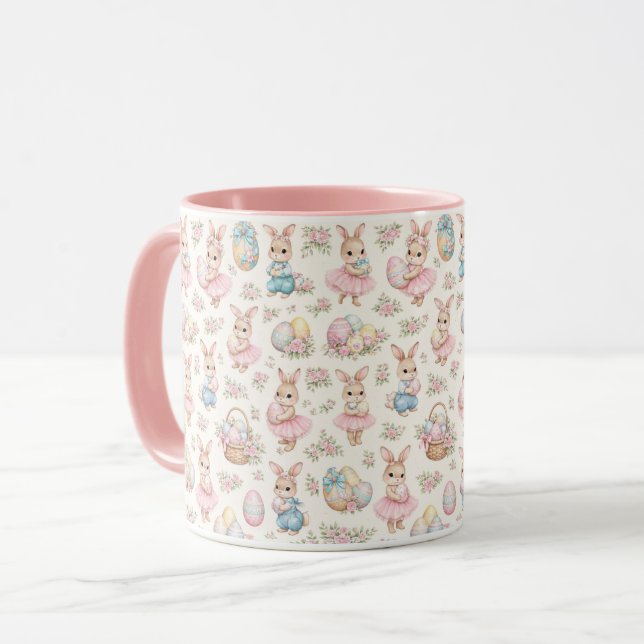 Cute Easter Bunny Floral Pattern - Pastel Spring Mugg (Framsida vänster)