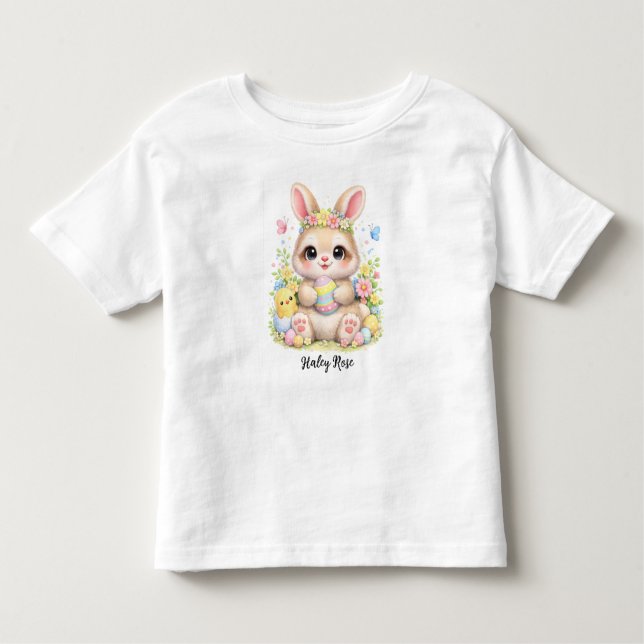 Cute Easter Bunny Holding Eggs with Flowers T Shirt (Framsida)