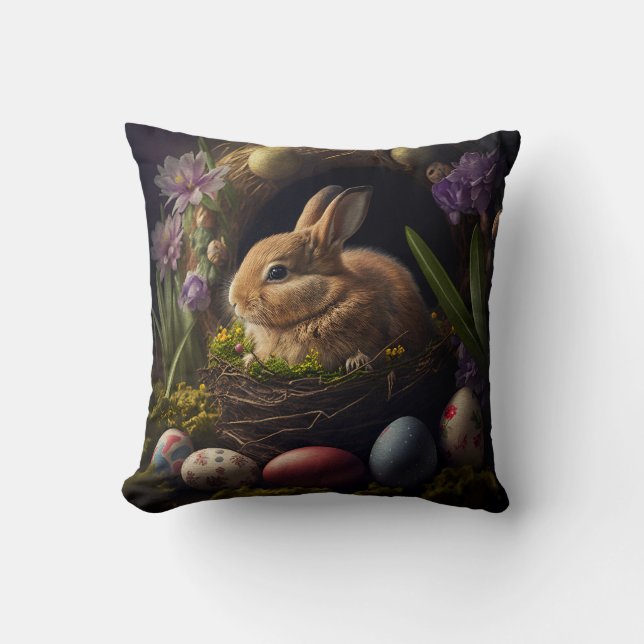 Cute Easter Bunny in nest and eggs around Kudde (Framsida)