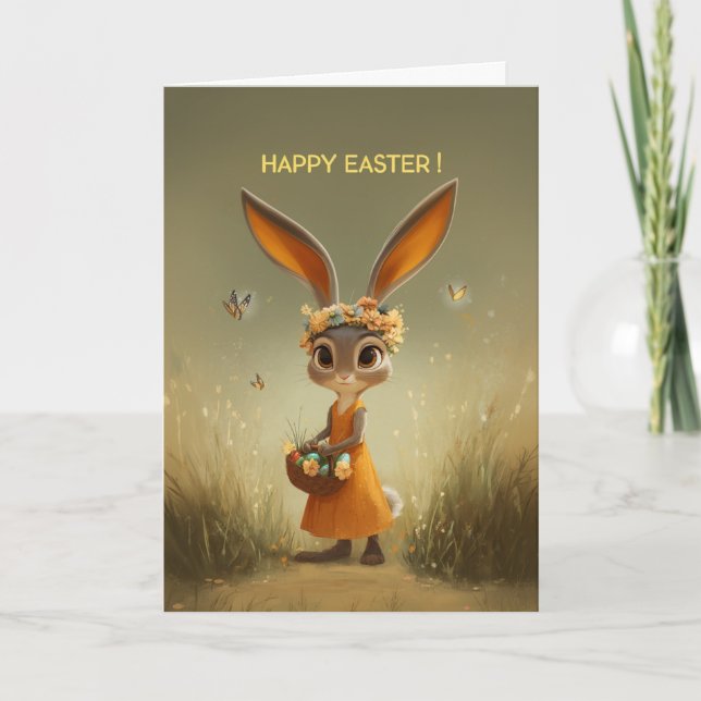 Cute Easter Bunny in Orange Dress w/ Basket Kort (Framsida)