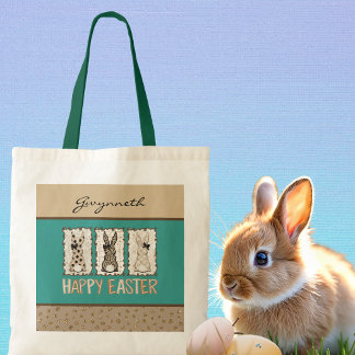 Cute Easter Bunny n Animal Print Brown Bows Teal Tygkasse