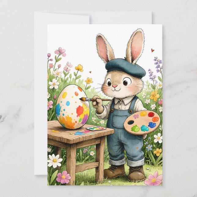 Cute Easter Bunny Painting Egg Whimsical Flat Kort (Framsida)
