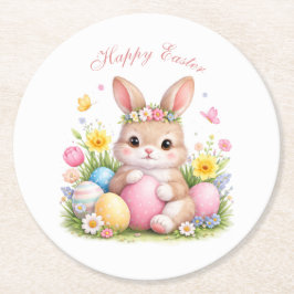 Cute Easter Bunny Rabbit Pink Blush Peony Underlägg Papper Rund