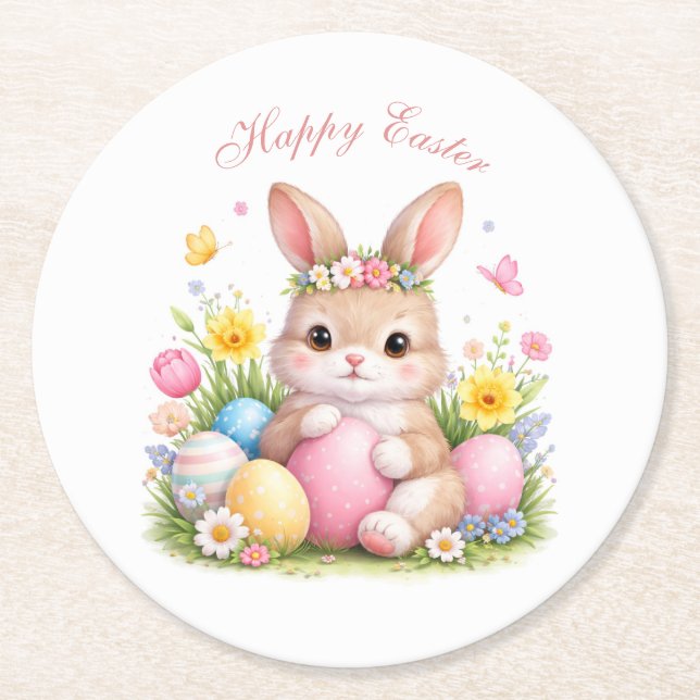 Cute Easter Bunny Rabbit Pink Blush Peony Underlägg Papper Rund (Framsidan)
