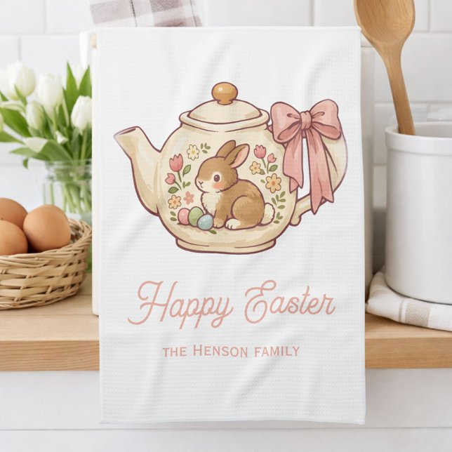 Cute Easter Bunny Teapot Flowers Kökshandduk (Skapare uppladdad)