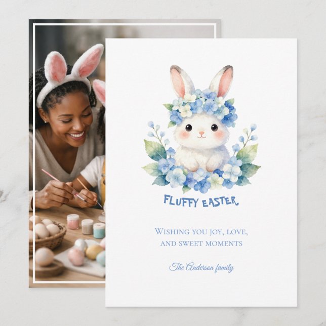 Cute Easter Bunny Watercolor Hydrangea Photo Julkort (Fram/baksida)
