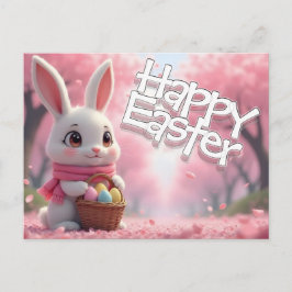 Cute Easter Bunny with Basket and Colorful Eggs Vykort