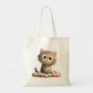 Cute Easter Cat Tote Bag with Pastel Eggs Tygkasse