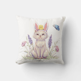 Cute Easter Cat with Chick Illustration pillow Kudde