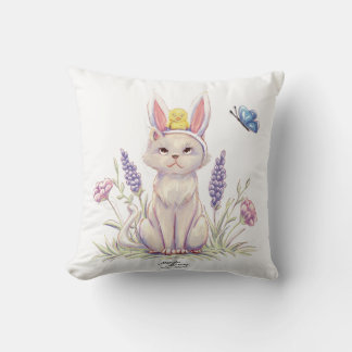 Cute Easter Cat with Chick Illustration pillow Kudde
