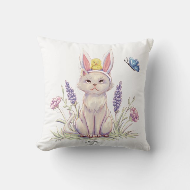Cute Easter Cat with Chick Illustration pillow Kudde (Framsida)