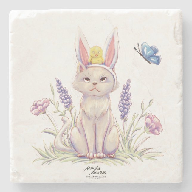Cute Easter Cat with Chick Illustration Stenunderlägg (Framsidan)
