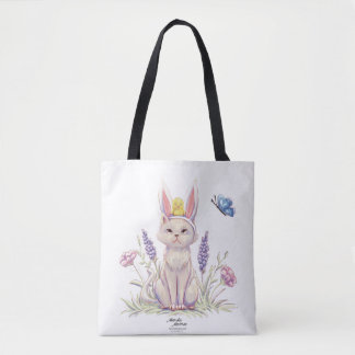 Cute Easter Cat with Chick Illustration Tote Bag Tygkasse