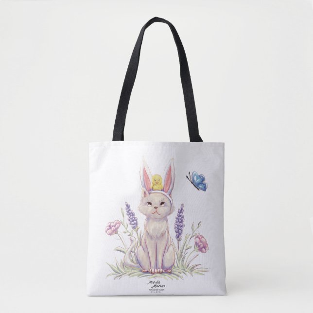 Cute Easter Cat with Chick Illustration Tote Bag Tygkasse (Framsida)
