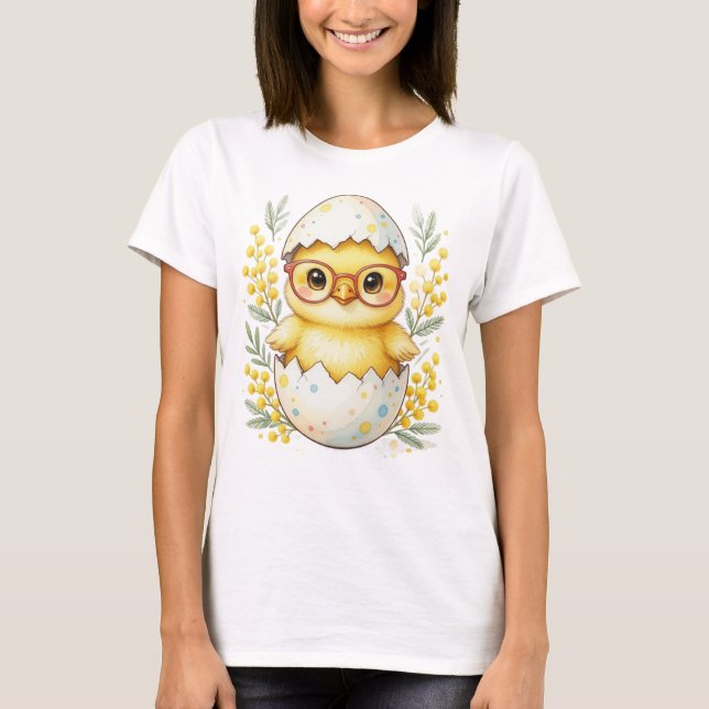 Cute Easter Chick Glasses Mimosa Bloom T Shirt (Framsida)