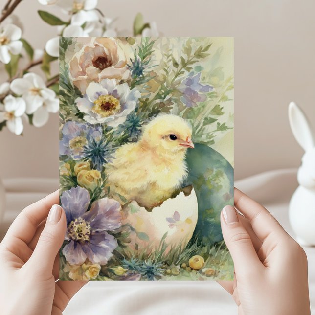 Cute Easter Chick Spring Wildflowers Watercolor Julkort (Skapare uppladdad)
