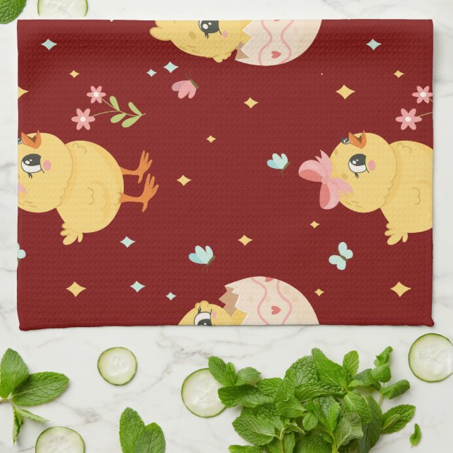 Cute Easter Chick with Pink Bow Seamless Pattern  Kökshandduk (Vikta)