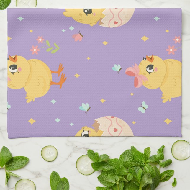 Cute Easter Chick with Pink Bow Seamless Pattern  Kökshandduk (Vikta)