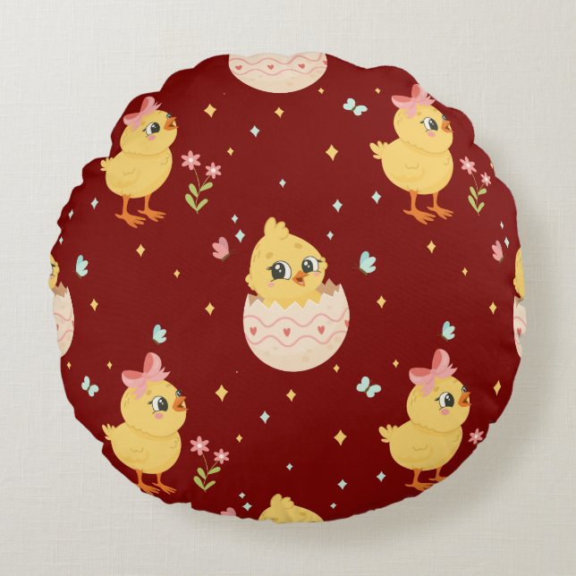 Cute Easter Chick with Pink Bow Seamless Pattern  Rund Kudde (Framsidan)