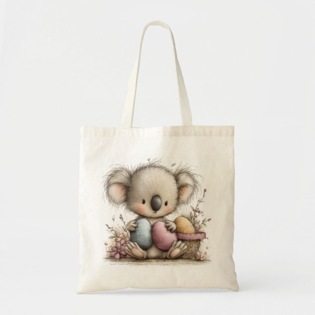 Cute Easter Koala Illustration with Pastel Eggs Tygkasse (Framsidan)