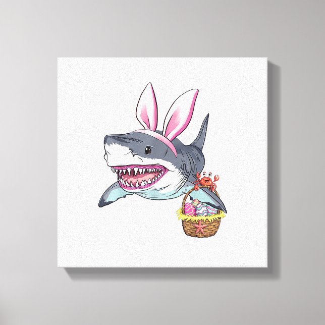 Cute Easter Shark Bunny Ears Basket Eggs Happy Eas Canvastryck (Framsida)