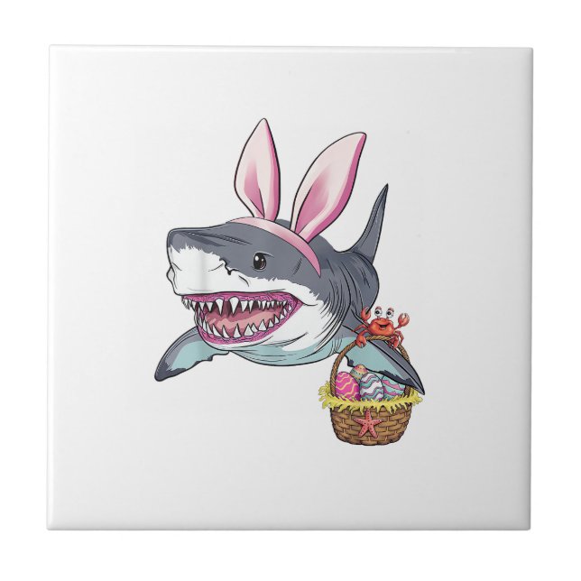 Cute Easter Shark Bunny Ears Basket Eggs Happy Eas Kakelplatta (Framsidan)