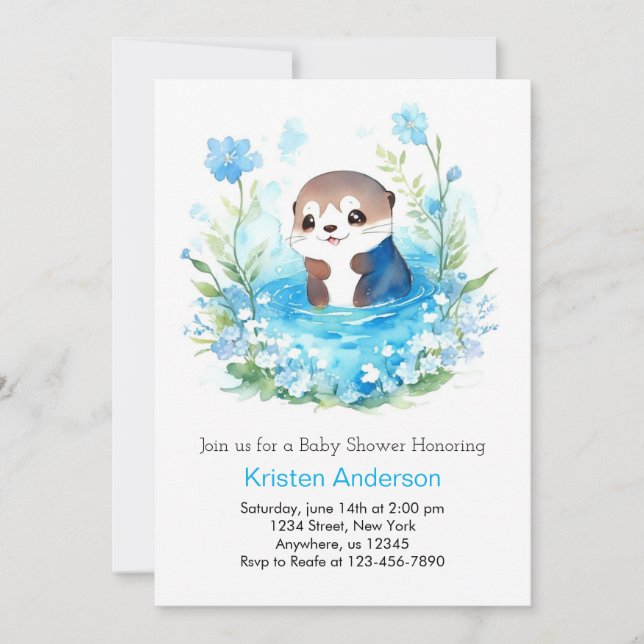 Cute Editable Blue Blommigt Otter Boy Baby Shower Inbjudningar (Framsida)