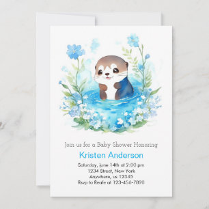 Cute Editable Blue Blommigt Otter Boy Baby Shower Inbjudningar