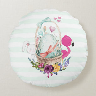 Cute Egg i Basket med Flamingo och Bunny Rund Kudde