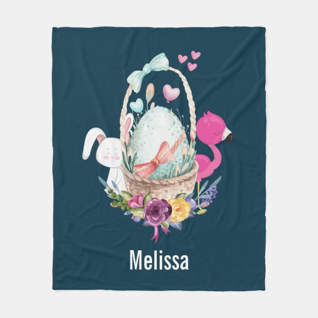 Cute Egg, Rosa Flamingo & Bunny, vattenfärg Fleecefilt (Framsidan)